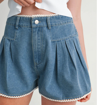 Pleated Denim Shorts With Lace Trim
