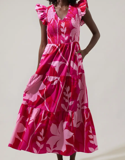 Mila Floral Sunfire Smocked Midi Dress Red with pink print