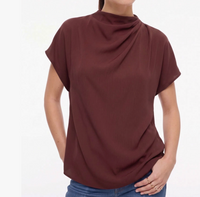 Mock Neck Draped Textured Satin Fall Blouse-Burgundy