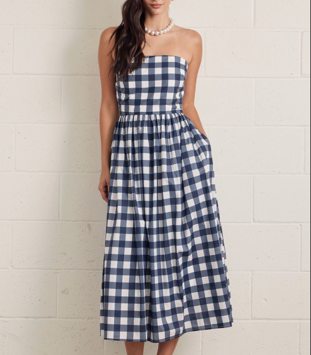 Navy Gingham Strapless Midi Dress