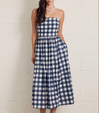 Navy Gingham Strapless Midi Dress