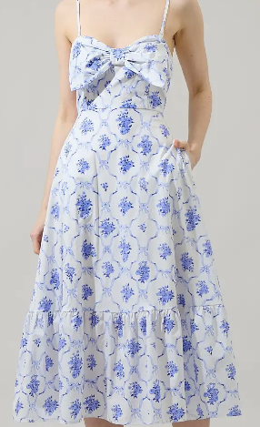 Nia Floral Perline Bow Midi Dress white with blue print