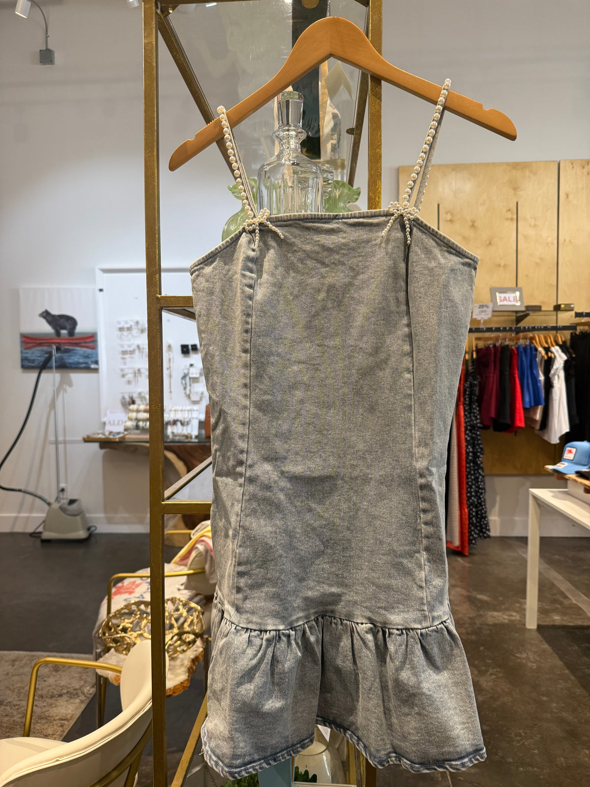 Pearl Bow Denim Dress