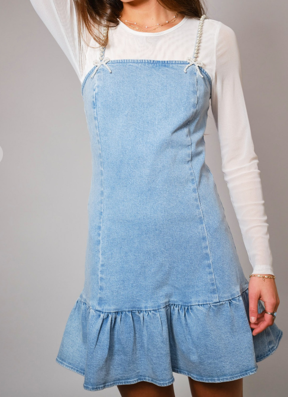 Pearl Bow Denim Dress