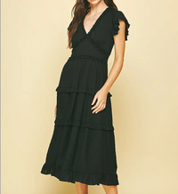 Ruffled Tea Length Black Dress