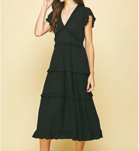 Ruffled Tea Length Black Dress