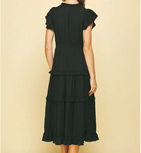 Ruffled Tea Length Black Dress