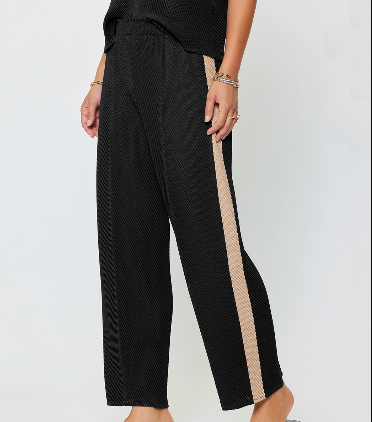 Pleated Tapered Pants W/Side Panels-Black/Taupe