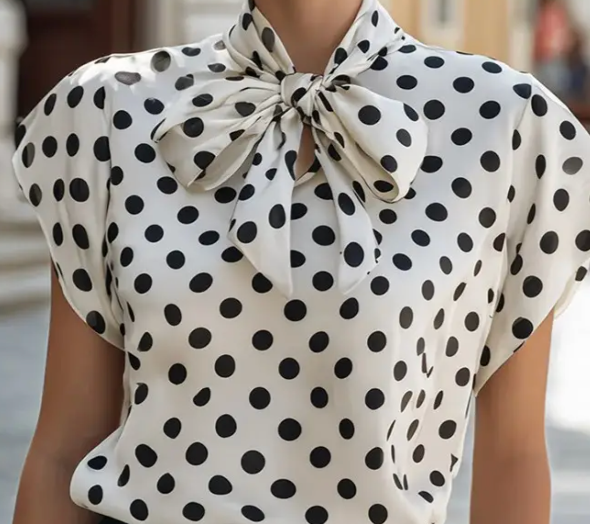 Polka Dot Tie Neck Short Sleeve Blouse