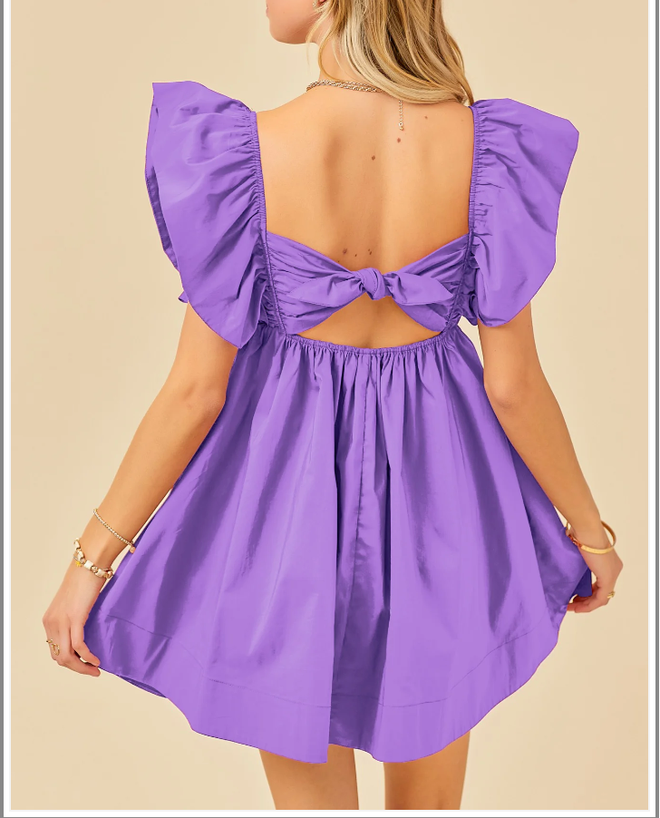 Day + Moon Purple Ruffle Detail Tie Back Poplin Dress