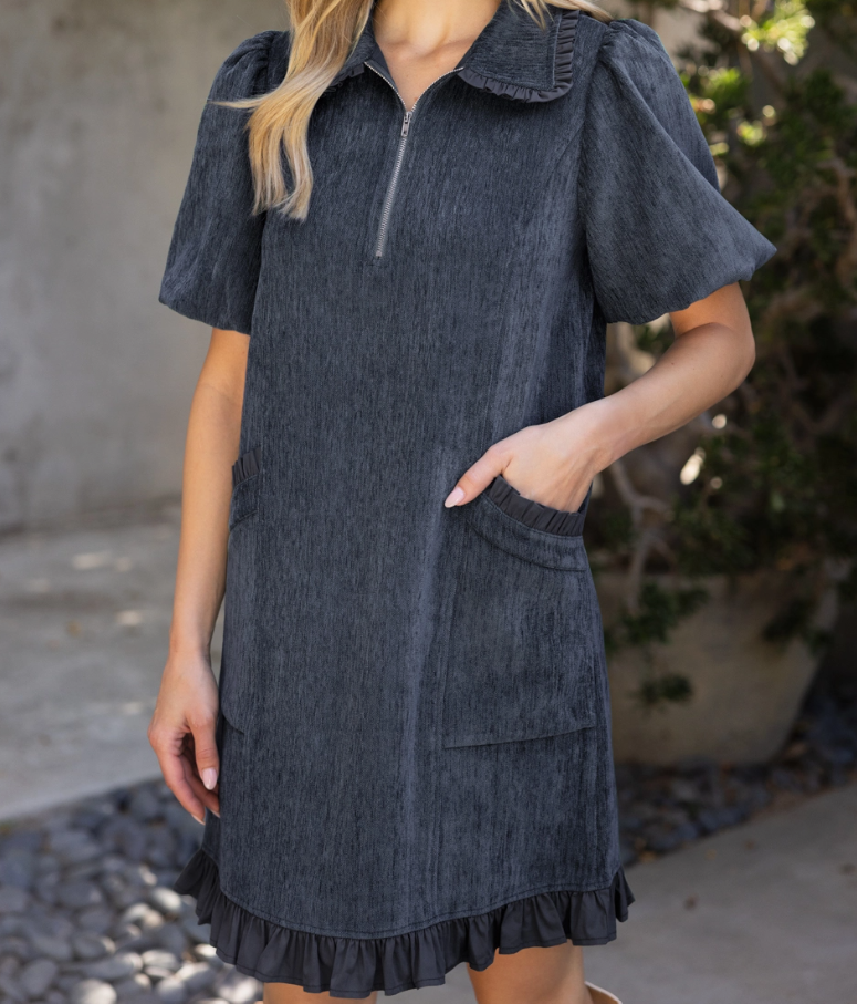 Quarter Zip Ruffle Pocket Dress