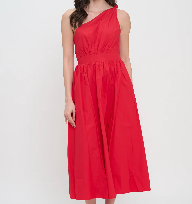 Red Poplin One Shoulder Maxi Dress
