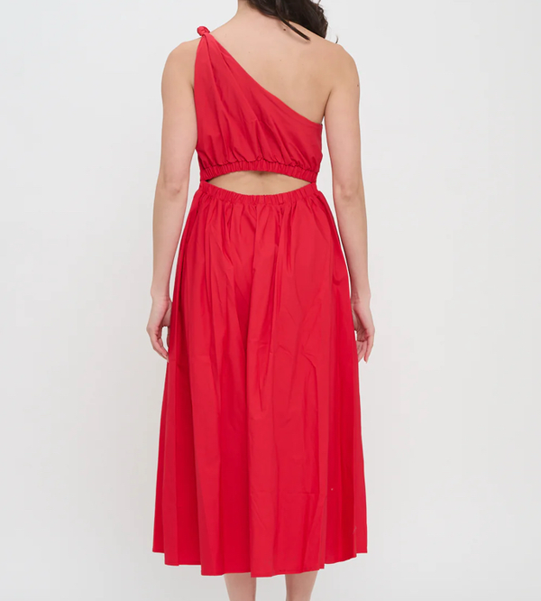 Red Poplin One Shoulder Maxi Dress
