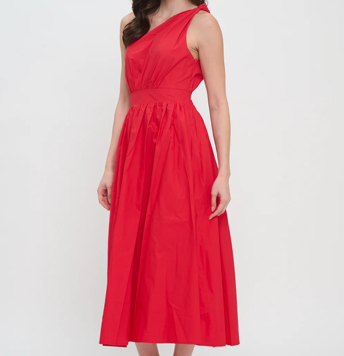 Red Poplin One Shoulder Maxi Dress