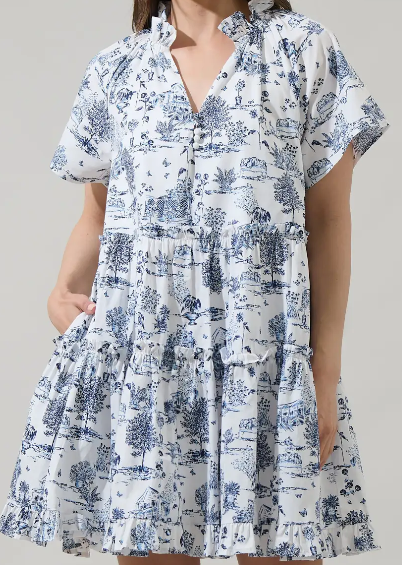 Renzo Toile Poplin Tiered Mini Dress white with blue print