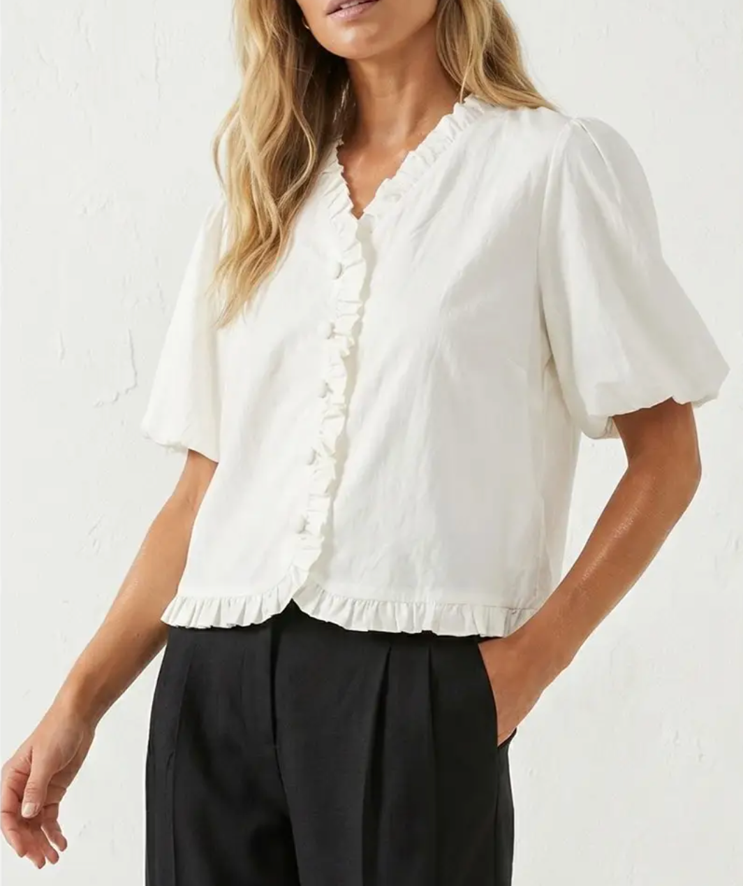 Ruffle Detail Bubble Sleeve Top