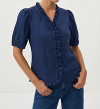Ruffle Detail Bubble Sleeve Top-Navy