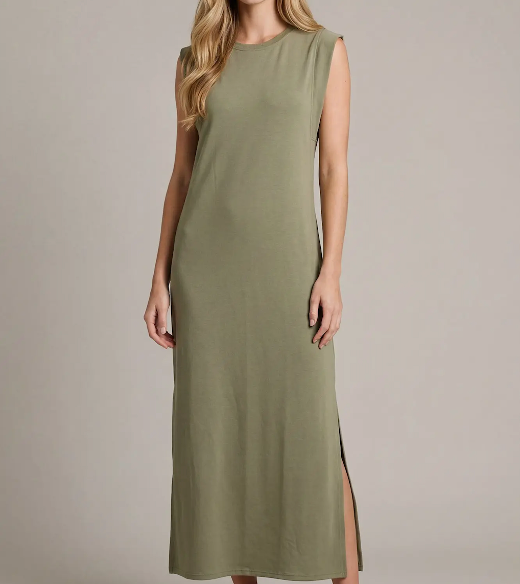 Sleeveless Side Slit Midi Dress-Olive