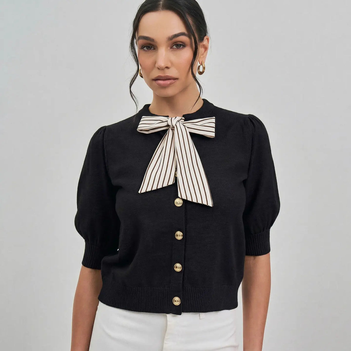 Satin Bow Tie Neck Sweater Cardigan - Black