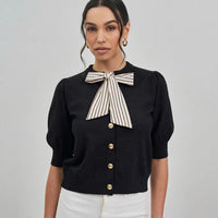 Satin Bow Tie Neck Sweater Cardigan - Black