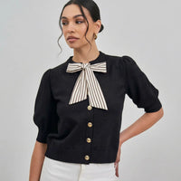 Satin Bow Tie Neck Sweater Cardigan - Black