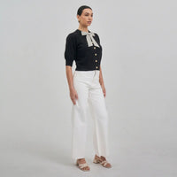Satin Bow Tie Neck Sweater Cardigan - Black