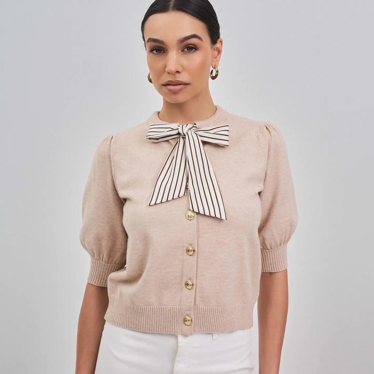 Satin Bow Tie Neck Sweater Cardigan - Oatmeal