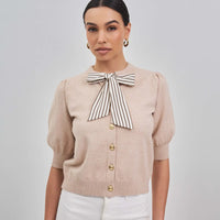 Satin Bow Tie Neck Sweater Cardigan - Oatmeal