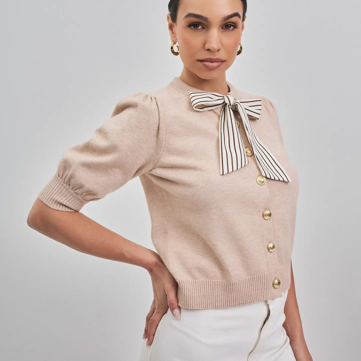Satin Bow Tie Neck Sweater Cardigan - Oatmeal