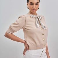 Satin Bow Tie Neck Sweater Cardigan - Oatmeal