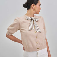 Satin Bow Tie Neck Sweater Cardigan - Oatmeal
