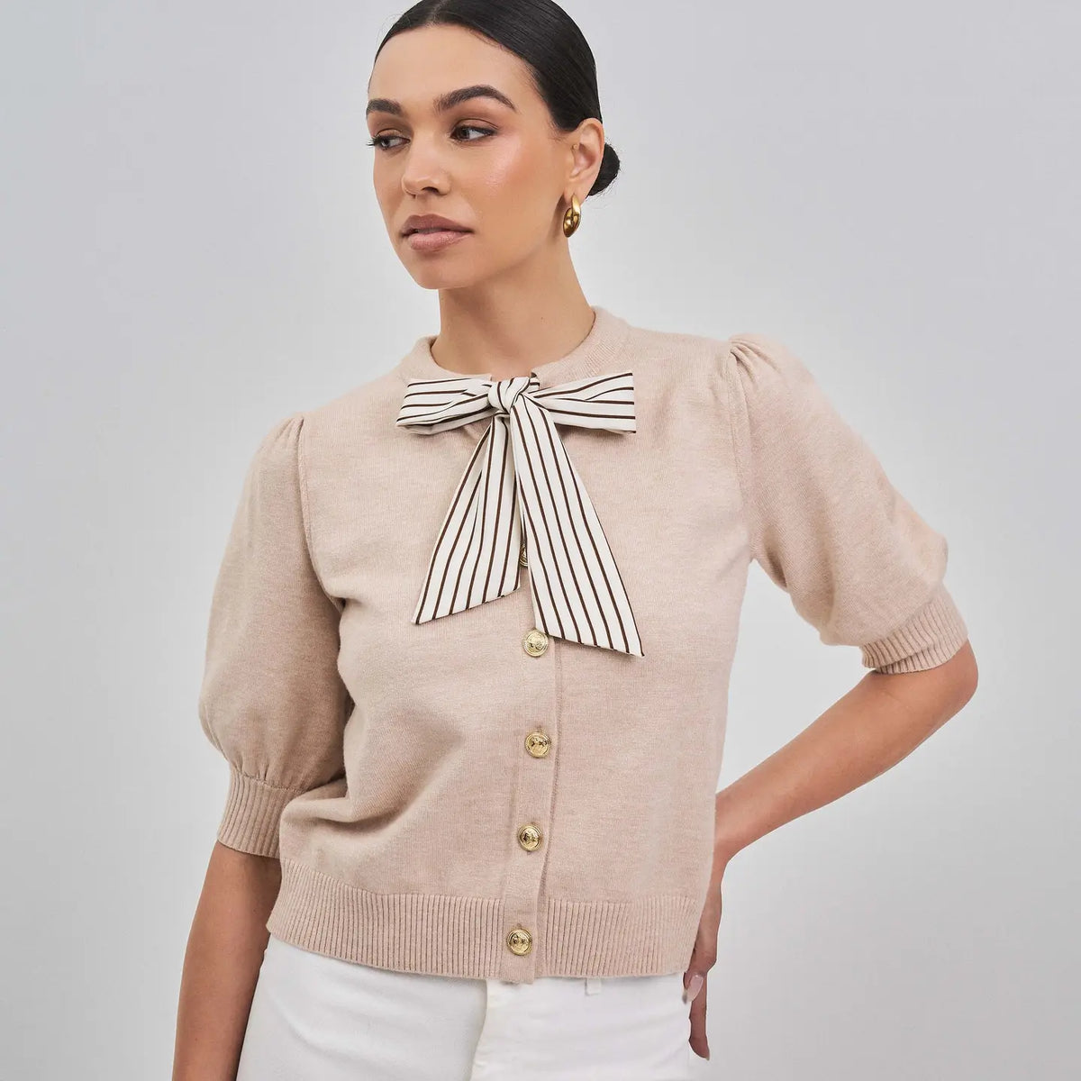 Satin Bow Tie Neck Sweater Cardigan - Oatmeal