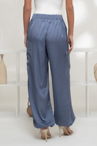 High Waisted Satin Cargo Jogger Pant-Blue