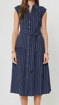 Shirts Collar Cap Sleeve Button Down Midi Dress W/Belt