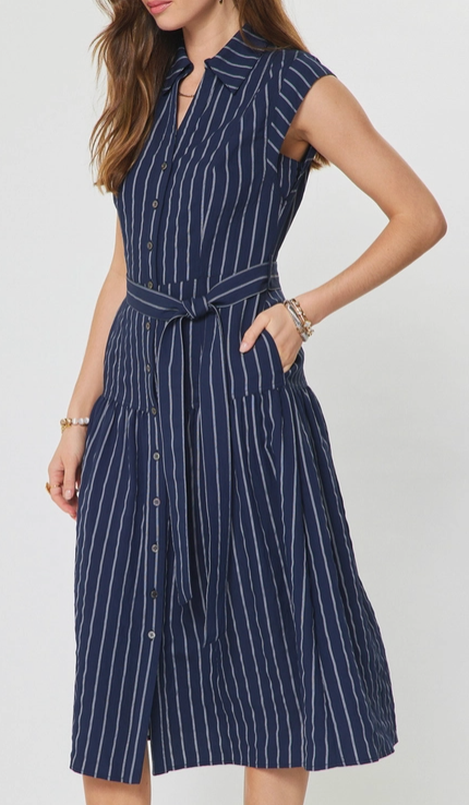 Shirts Collar Cap Sleeve Button Down Midi Dress W/Belt
