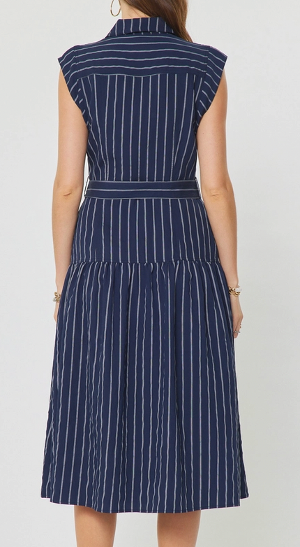 Shirts Collar Cap Sleeve Button Down Midi Dress W/Belt