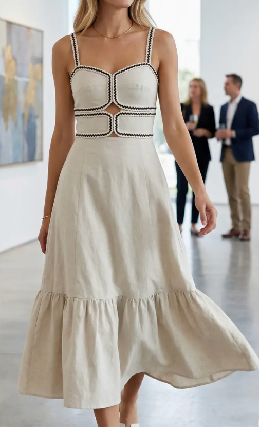 Summer Cotton Linen Midi Dress w/Trim Tape Detail