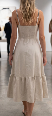 Summer Cotton Linen Midi Dress w/Trim Tape Detail