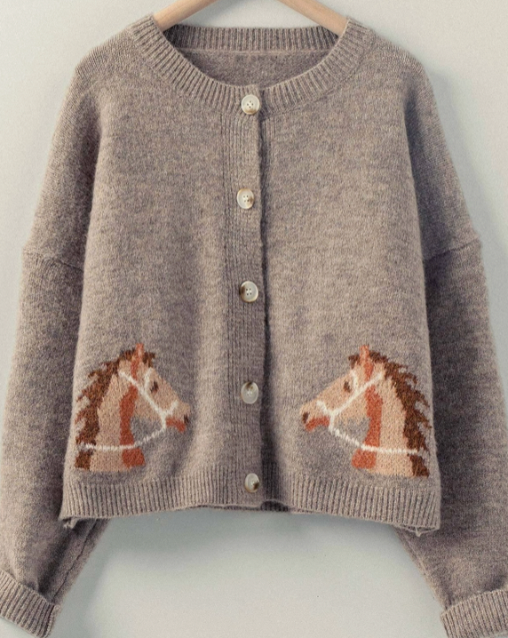 Western Horse Graphic Button Front Cropped Cardigan Sweater