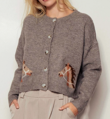 Western Horse Graphic Button Front Cropped Cardigan Sweater