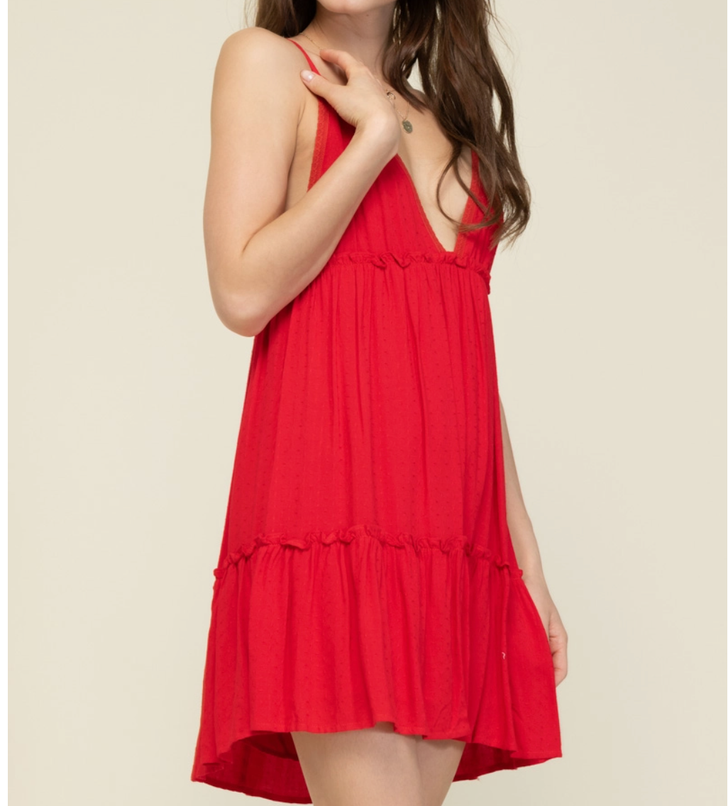 Red- Deep V-Neck Mini Dress with Tie Back Detail