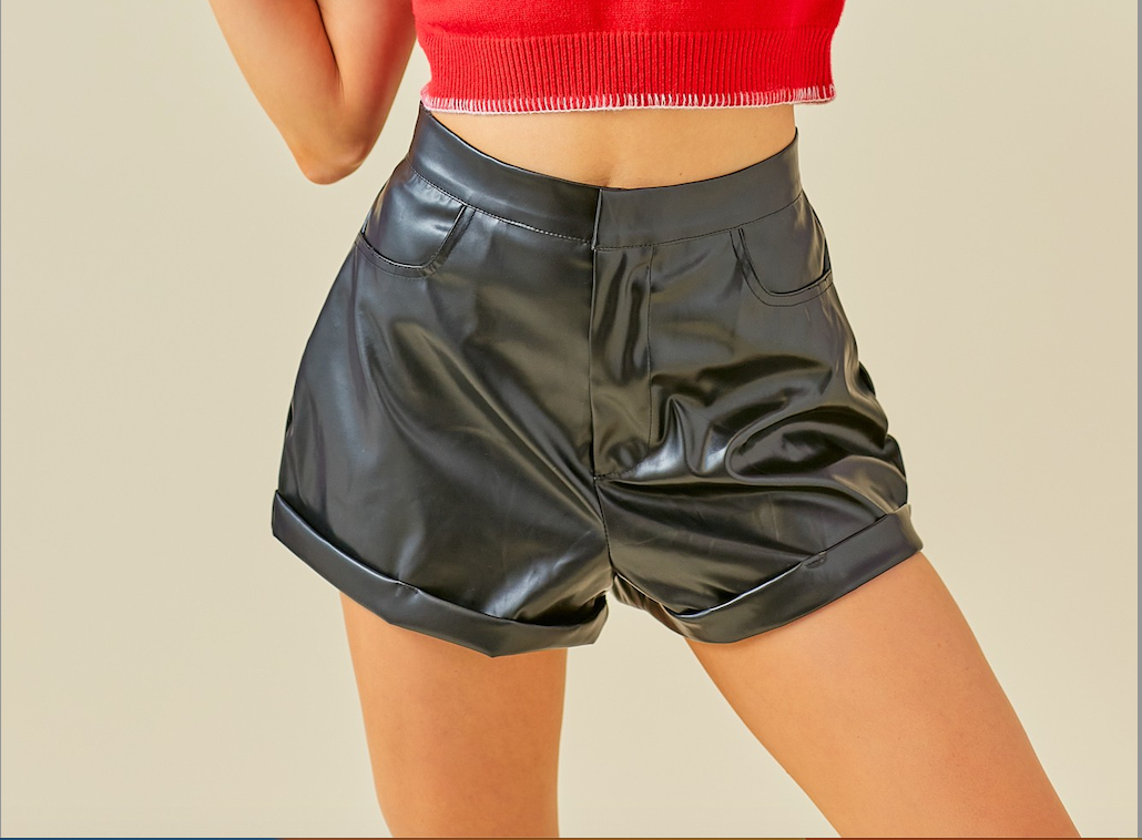 Day + Moon Faux Leather Shorts With Folded Hem-Black