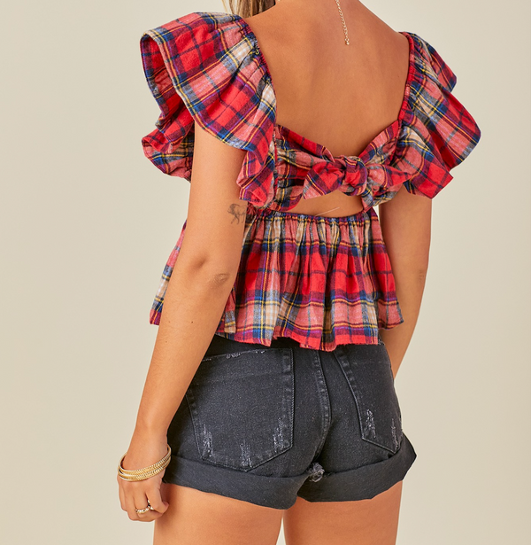 Day + Moon Plaid Babydoll Ruffle Sleeve Cropped Top