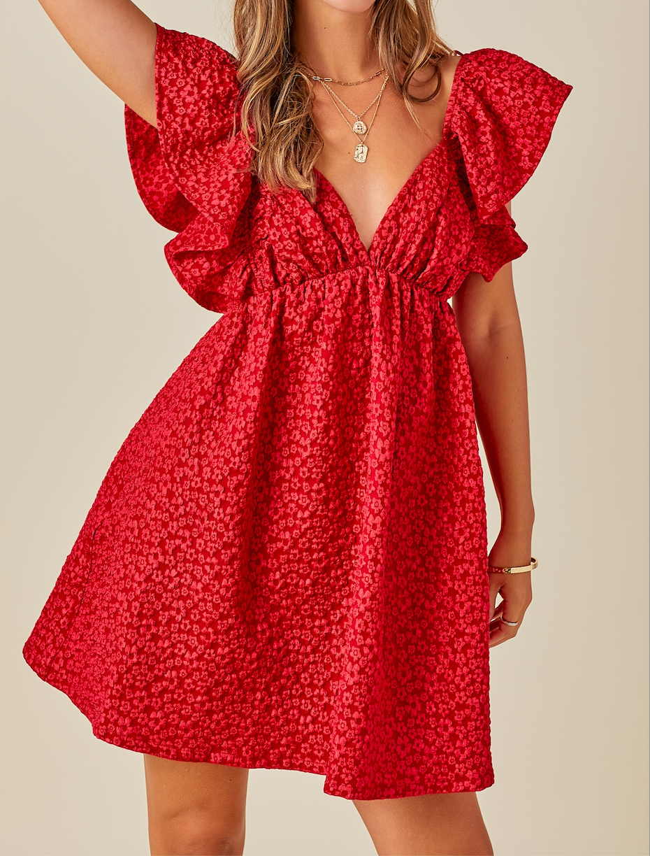 Day + Moon Floral Jacquard Babydoll Ruffle Sleeve Mini Dress
