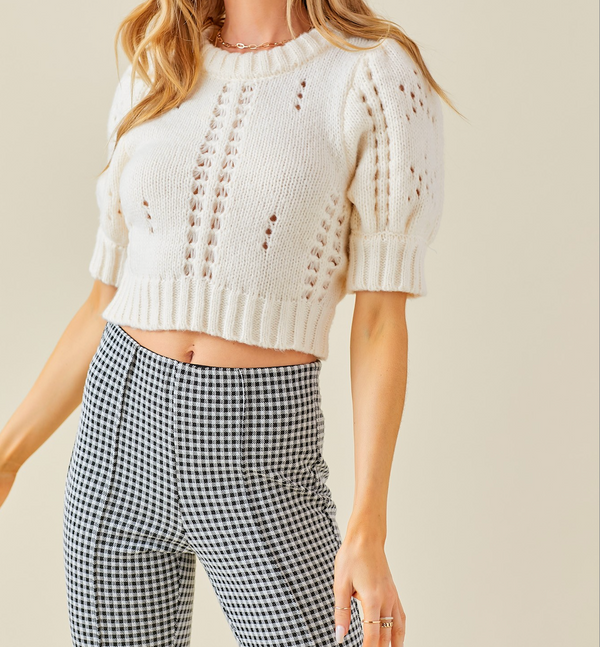 Day + Moon Pointelle Cropped Puff Sleeve Cropped Sweater