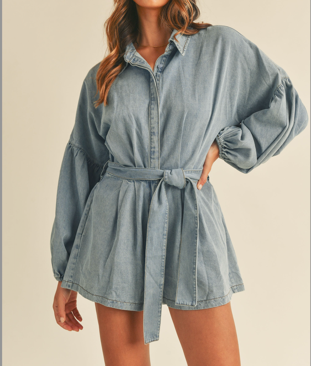 Mable Denim Balloon Sleeve Button Down Shirt Romper