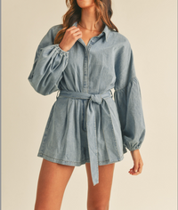 Mable Denim Balloon Sleeve Button Down Shirt Romper