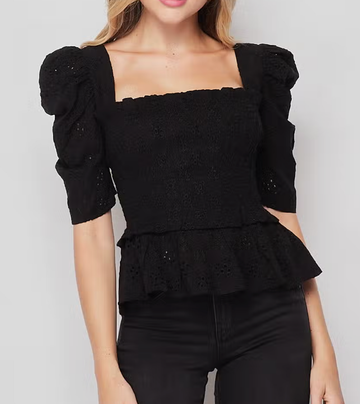 Women Woven Short Sleeve Eyelet Square Neck Top with Smocking