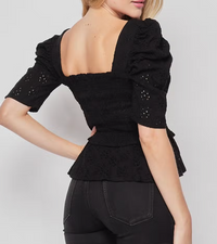 Women Woven Short Sleeve Eyelet Square Neck Top with Smocking