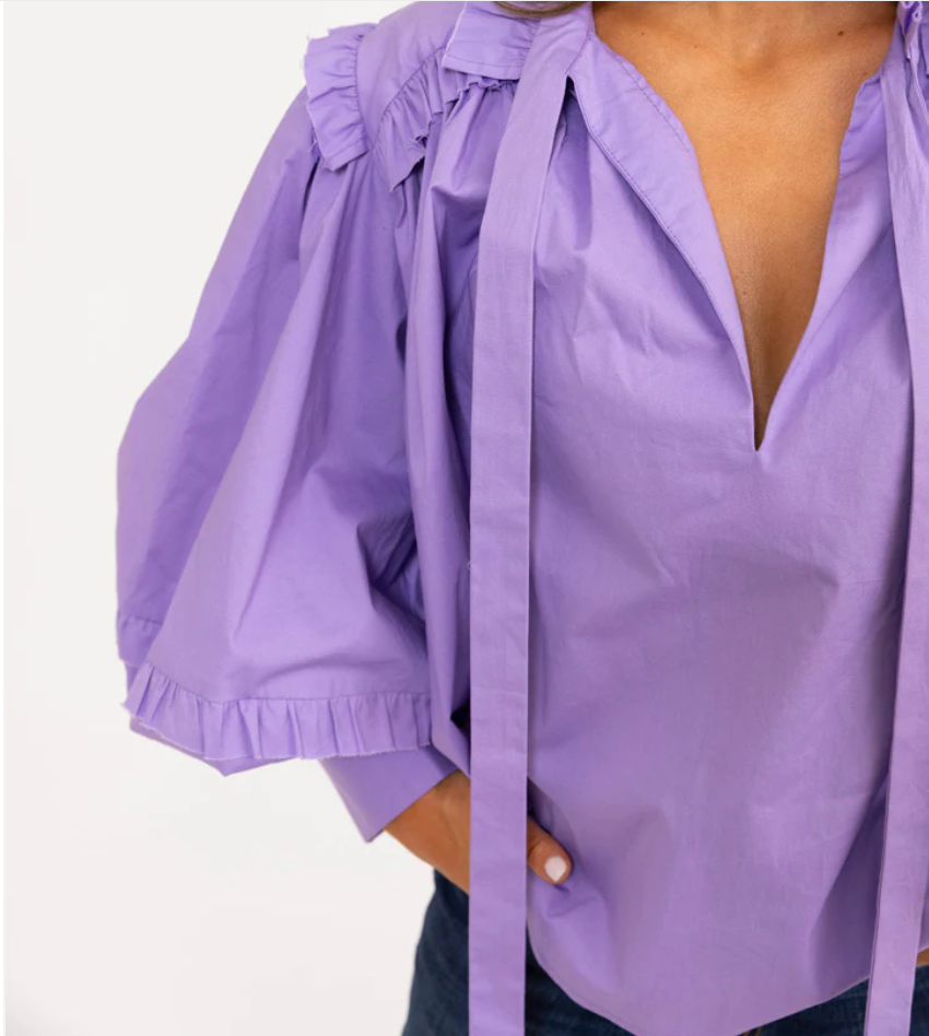 Karlie Purple Ruffle Poplin V Neck Top